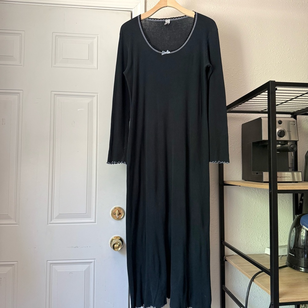 HANKY PANKY black rib knit scoop neck lace trim bow maxi sleep pajama dress